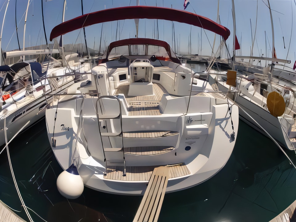 Exterior overview of Jeanneau 53 sail boat for charter from Kastela Gomilica Marina in the Sibenik sailing area Croatia