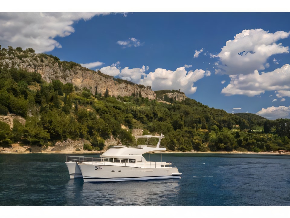Exterior overview of Lagoon power 44 - 2020 total refit power catamaran for charter from Split Marina Mornar in the Split sailing area Croatia
