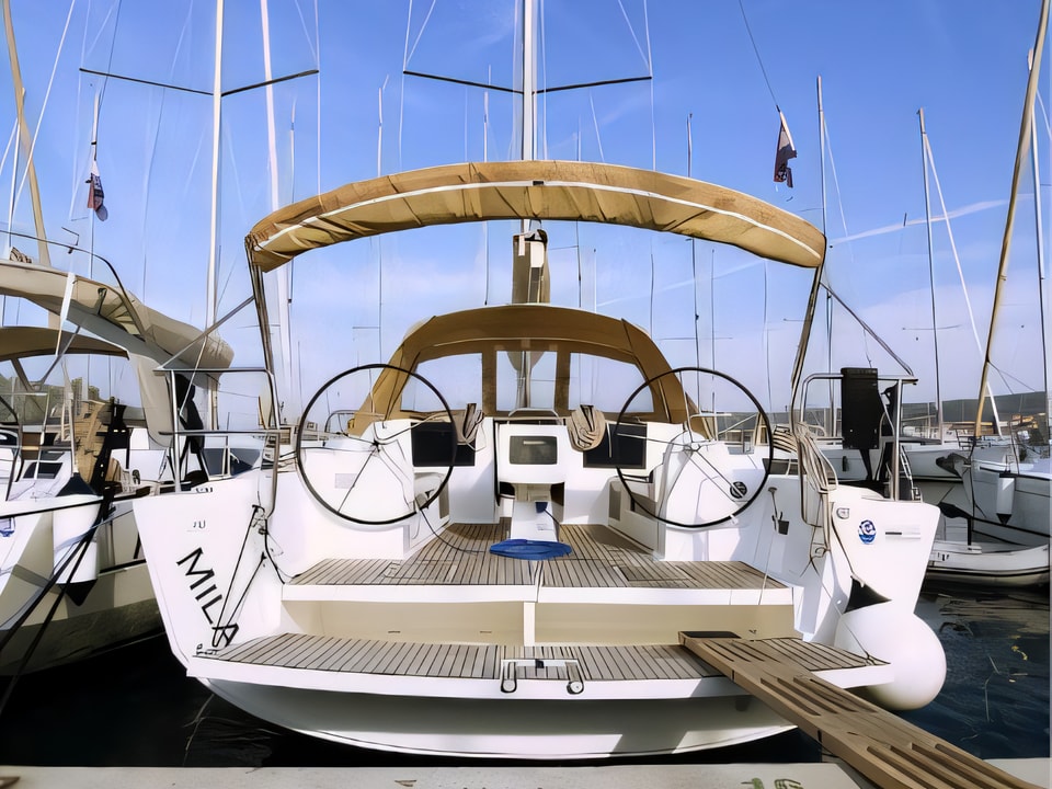 Exterior overview of Dufour 410 Grand Large sail boat for charter from Rogoznica Marina Frapa in the Sibenik sailing area Croatia