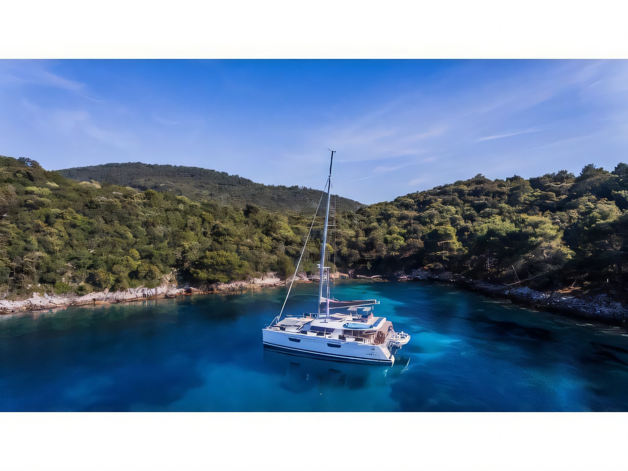 Exterior overview of Saba 50 catamaran for charter from Seget Donji Marina Baotic in the Split sailing area Croatia