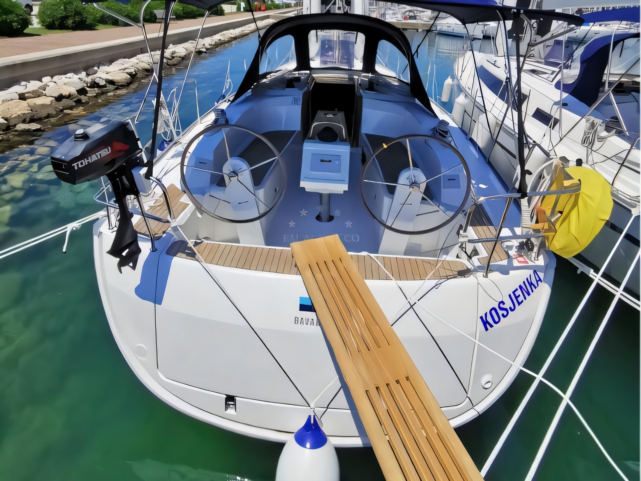 Exterior overview of Bavaria Cruiser 34 sail boat for charter from Sukosan Marina Dalmacija in the Kornati sailing area Croatia