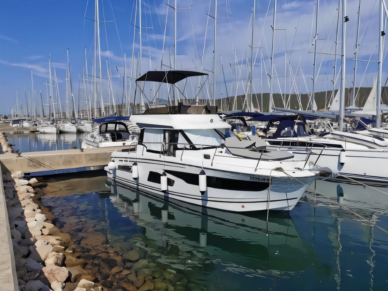 Exterior overview of Merry Fisher 1095 FLY motor boat for charter from Sukosan Marina Dalmacija in the Zadar sailing area Croatia
