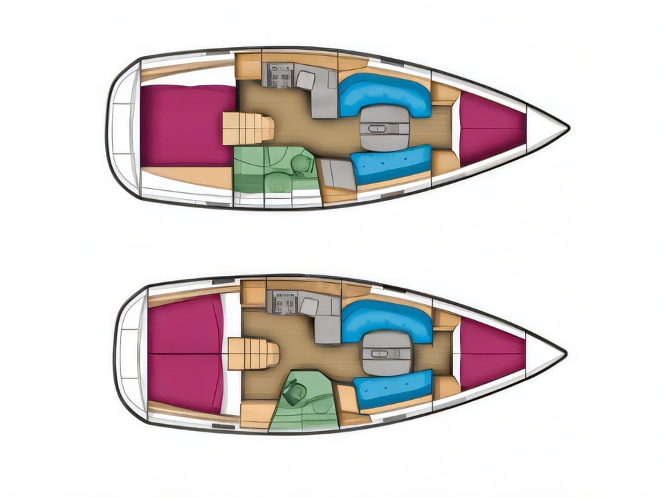 Layout of Oceanis 343 sail boat with 3 cabins Croatia yacht charter
