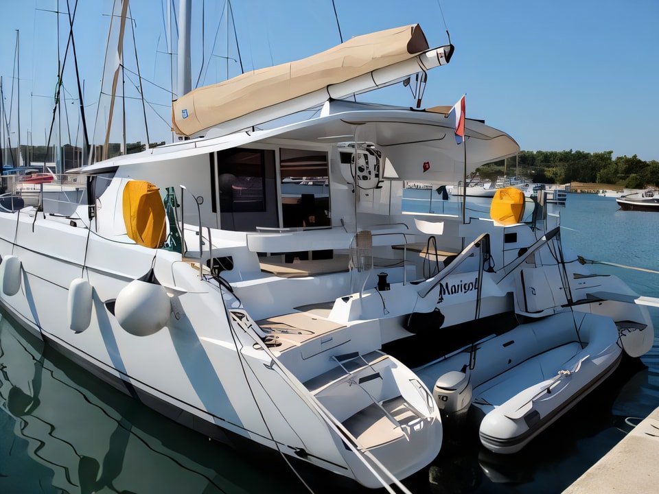 Exterior overview of Lipari 41 (4 dbl, 2sgl) catamaran for charter from Pula Tehnomont Marina Veruda in the Istria / Kvarner sailing area Croatia