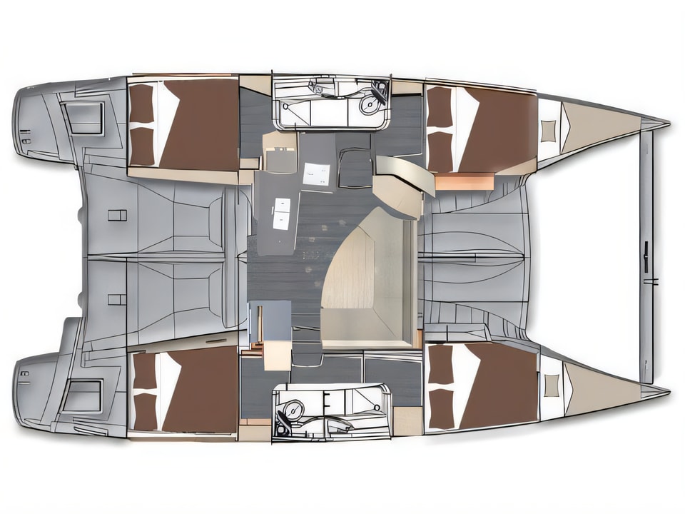 Layout of Lipari 41 (4 dbl, 2sgl) catamaran with 6 cabins Croatia yacht charter