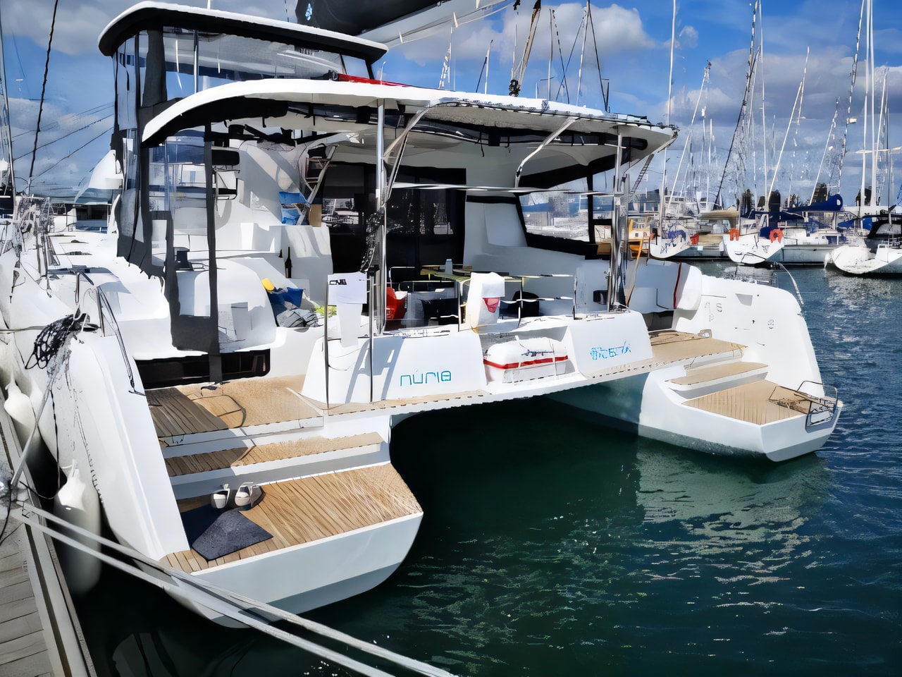 Exterior overview of Lagoon 42 Owner version catamaran for charter from Rogoznica Marina Frapa in the Sibenik sailing area Croatia