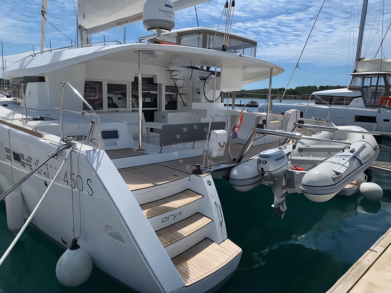 Exterior overview of Lagoon 450 Sport catamaran for charter from Rogoznica Marina Frapa in the Sibenik sailing area Croatia