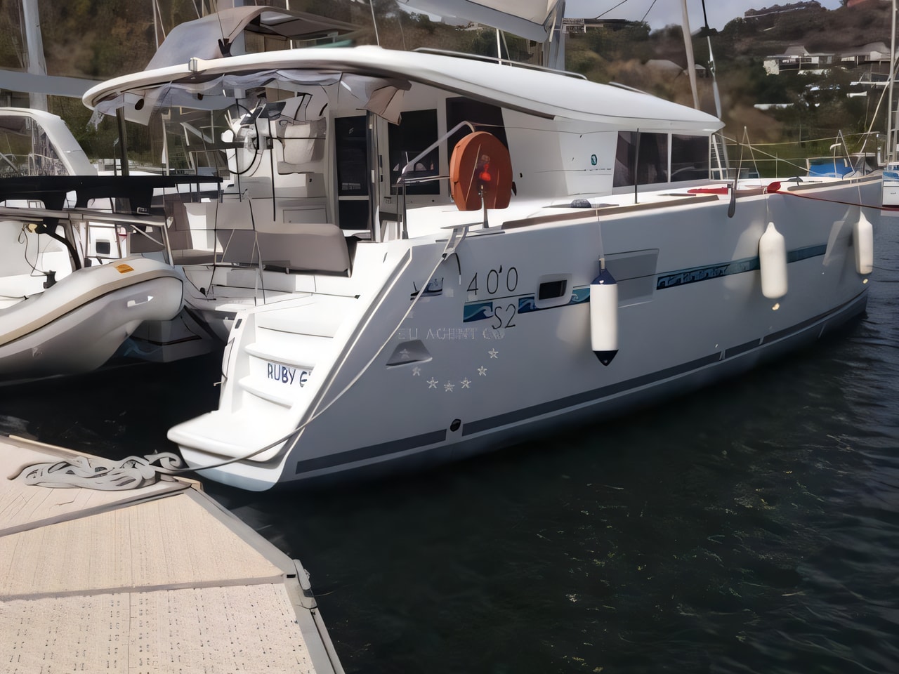 Exterior overview of Lagoon 400 S2 catamaran for charter from Primosten Marina Kremik in the Sibenik sailing area Croatia