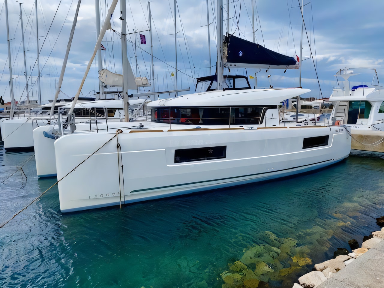 Exterior overview of Lagoon 40 catamaran for charter from Sukosan Marina Dalmacija in the Zadar sailing area Croatia