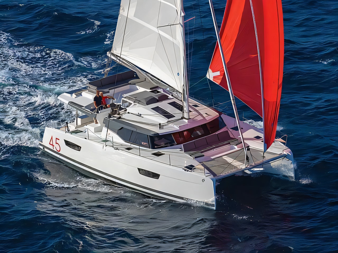 Exterior overview of Fountaine Pajot Elba 45 catamaran for charter from Sibenik Marina Mandalina in the Kornati sailing area Croatia