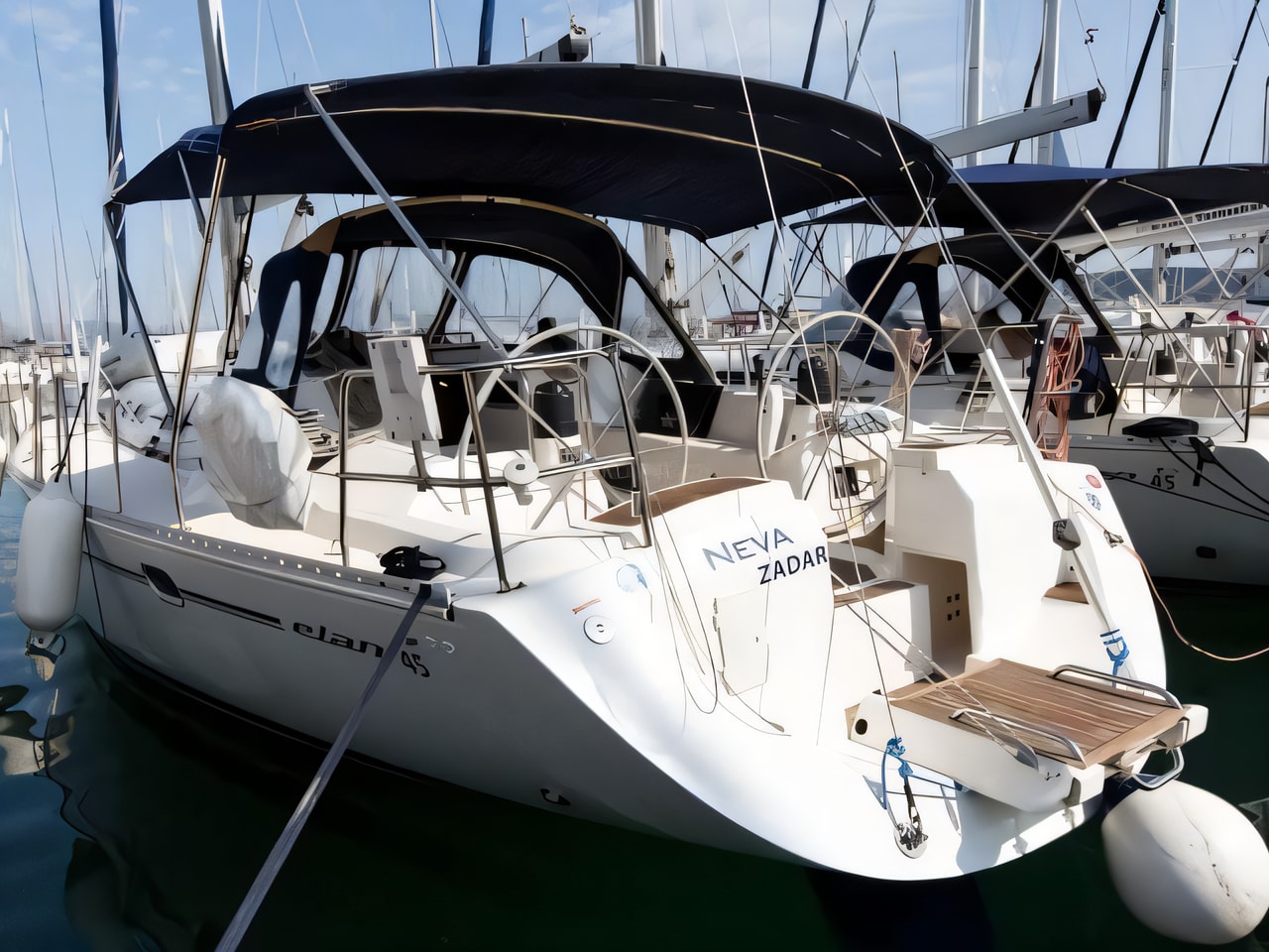 Exterior overview of Elan 45 sail boat for charter from Biograd Kornati in the Zadar sailing area Croatia