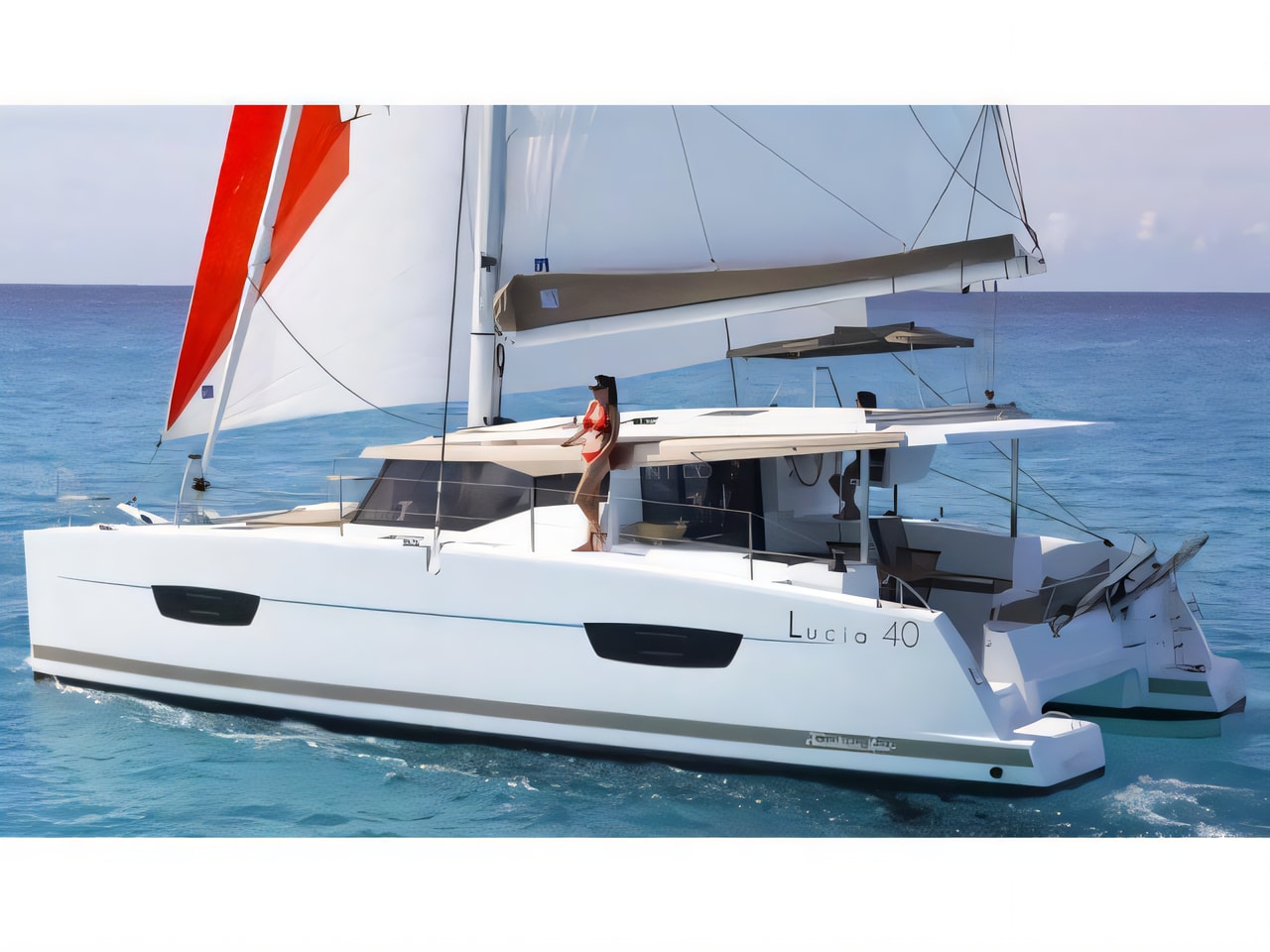 Exterior overview of Lucia 40 catamaran for charter from Pula Tehnomont Marina Veruda in the Istria / Kvarner sailing area Croatia