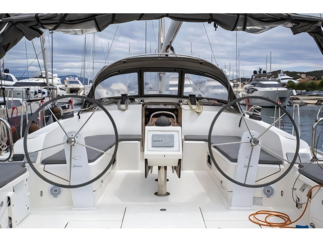 Exterior overview of Bavaria 46 Cruiser sail boat for charter from SCT Marina Trogir in the Split sailing area Croatia