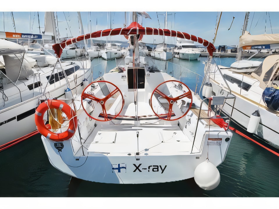 Exterior overview of Elan 350 sail boat for charter from Biograd Marina Kornati in the Kornati sailing area Croatia
