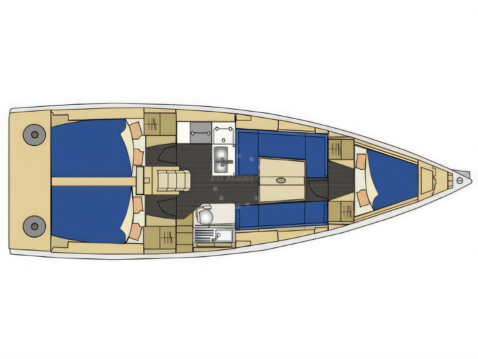Layout of Elan 350 sail boat with 3 cabins Croatia yacht charter
