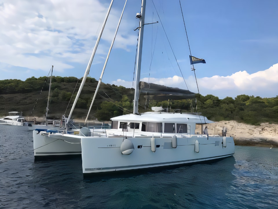 Exterior overview of Lagoon 560 catamaran for charter from Sibenik Marina Mandalina in the Sibenik sailing area Croatia