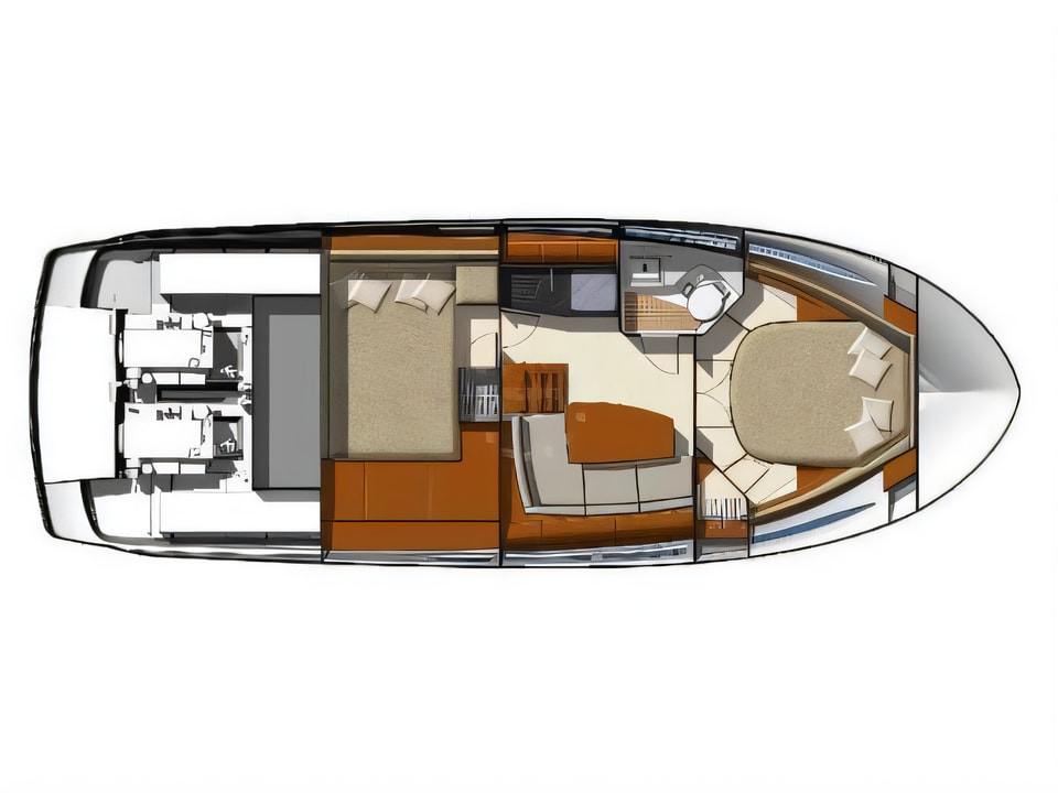 Layout of Jeanneau L10-36 motor boat with 2 cabins Croatia yacht charter