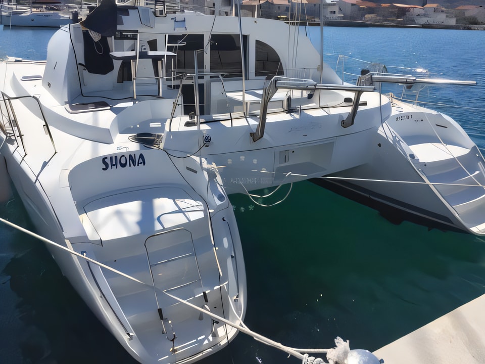 Exterior overview of Lagoon 380 catamaran for charter from Murter Marina Betina in the Sibenik sailing area Croatia