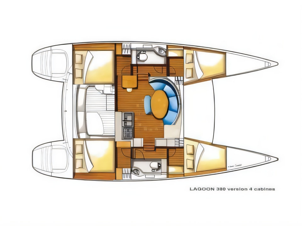 Layout of Lagoon 380 catamaran with 4 cabins Croatia yacht charter