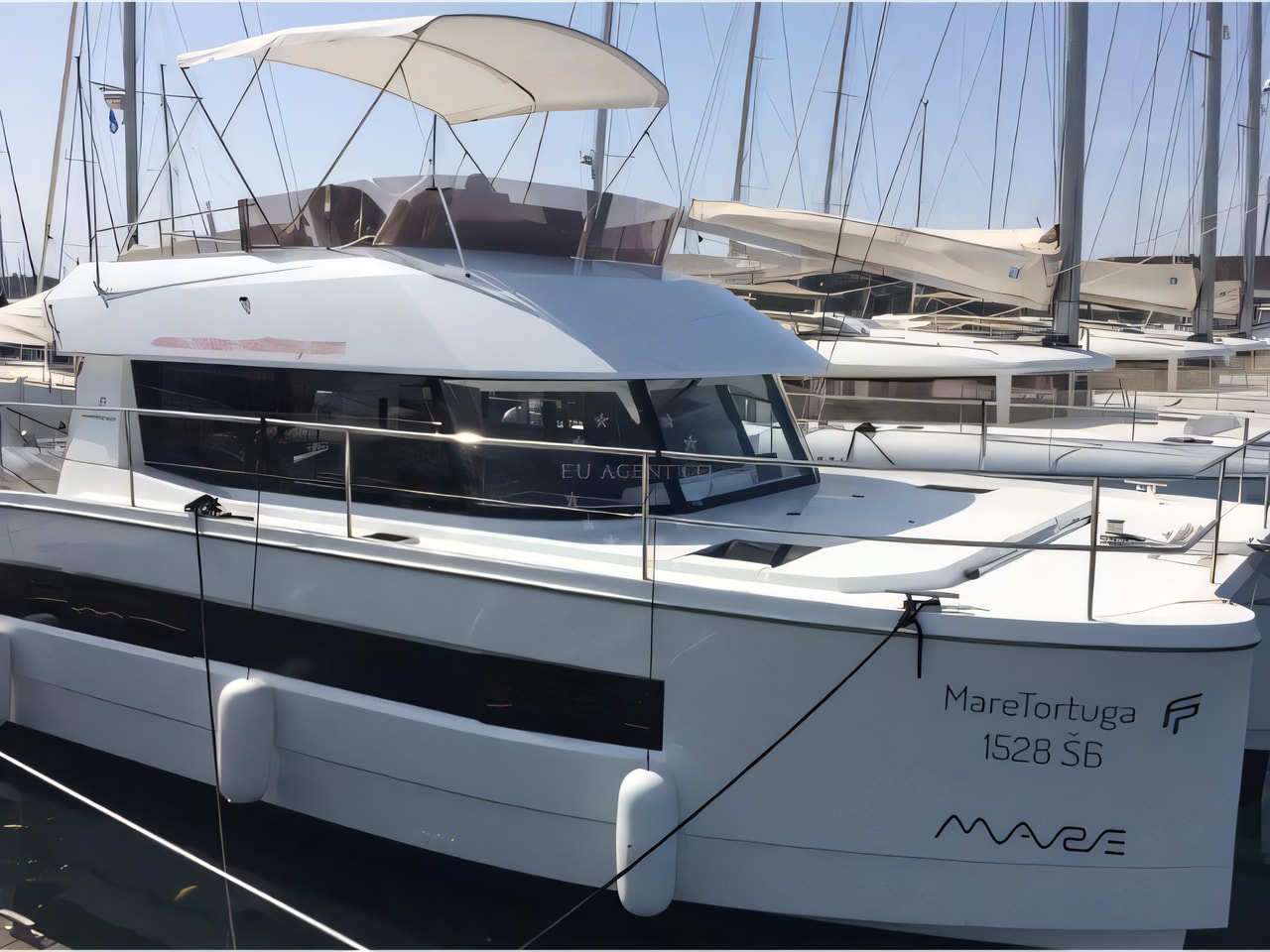 Exterior overview of MY 37 power catamaran for charter from Rogoznica Marina Frapa in the Sibenik sailing area Croatia