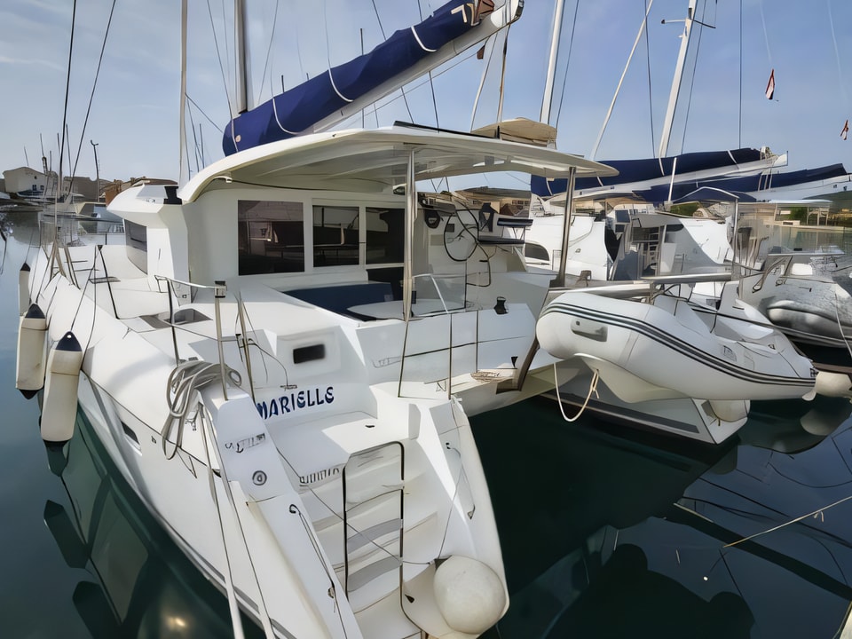 Exterior overview of Lagoon 421 catamaran for charter from Murter Marina Betina in the Sibenik sailing area Croatia
