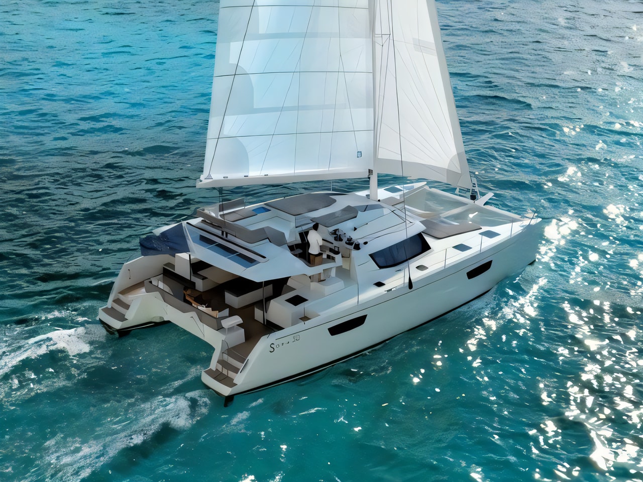 Exterior overview of Saba 50 catamaran for charter from Seget Donji Marina Baotic in the Split sailing area Croatia