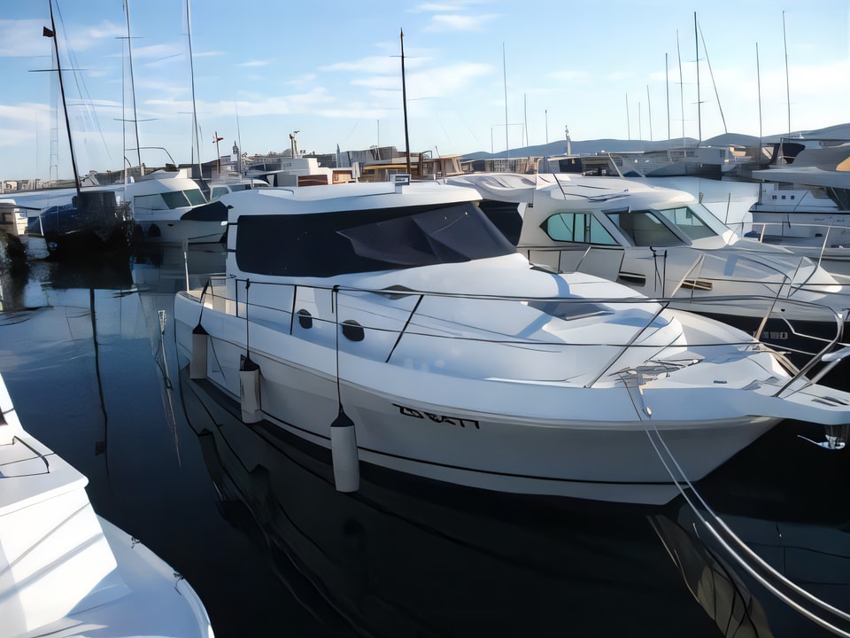 Exterior overview of Faeton Moraga 1040 Hard Top motor boat for charter from Sukosan Marina Dalmacija in the Zadar sailing area Croatia