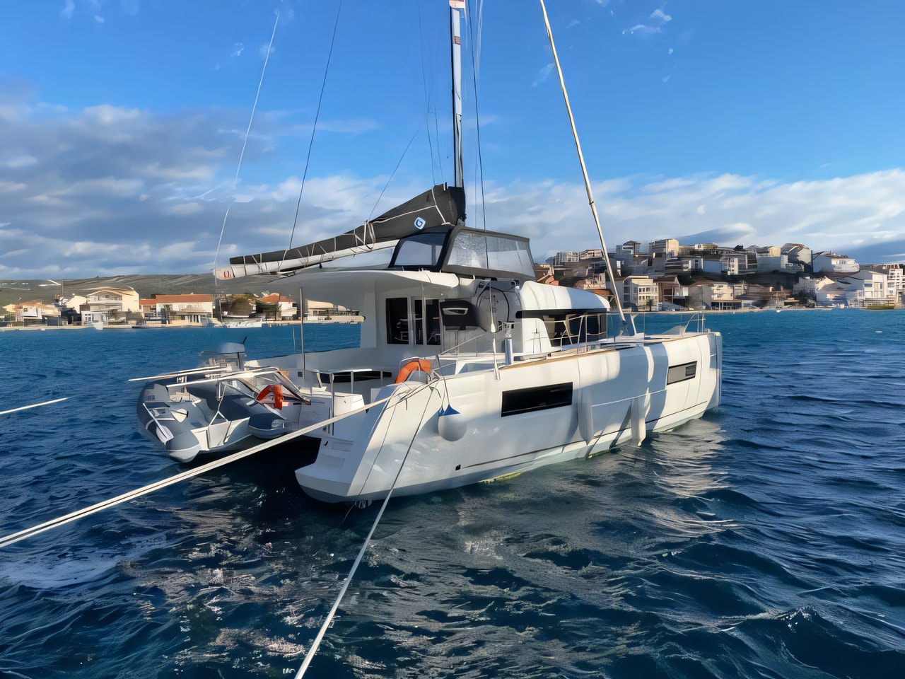 Exterior overview of Lagoon 40 catamaran for charter from Rogoznica Marina Frapa in the Sibenik sailing area Croatia