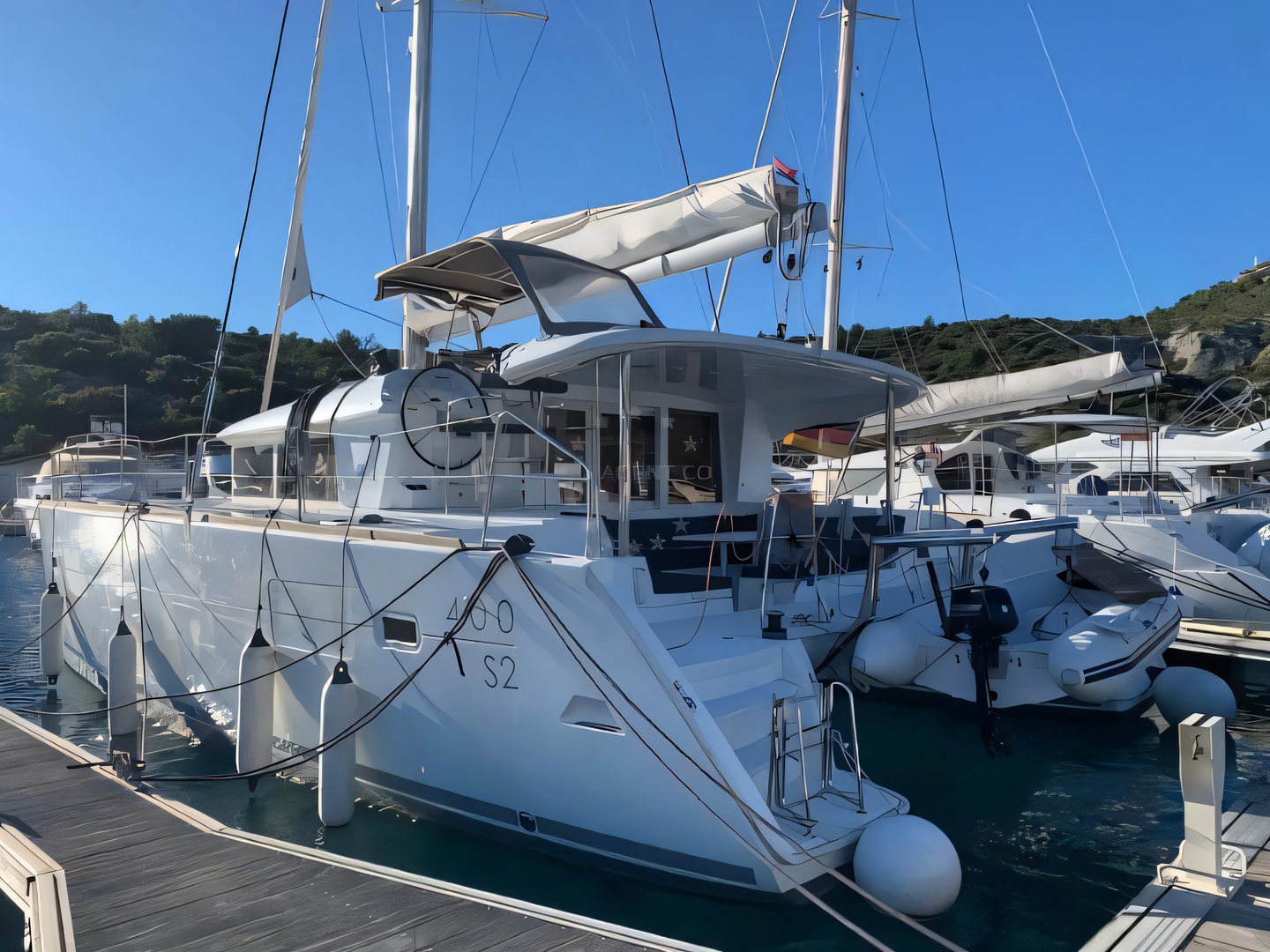 Exterior overview of Lagoon 400 S2 catamaran for charter from Kastela Gomilica Marina in the Split sailing area Croatia