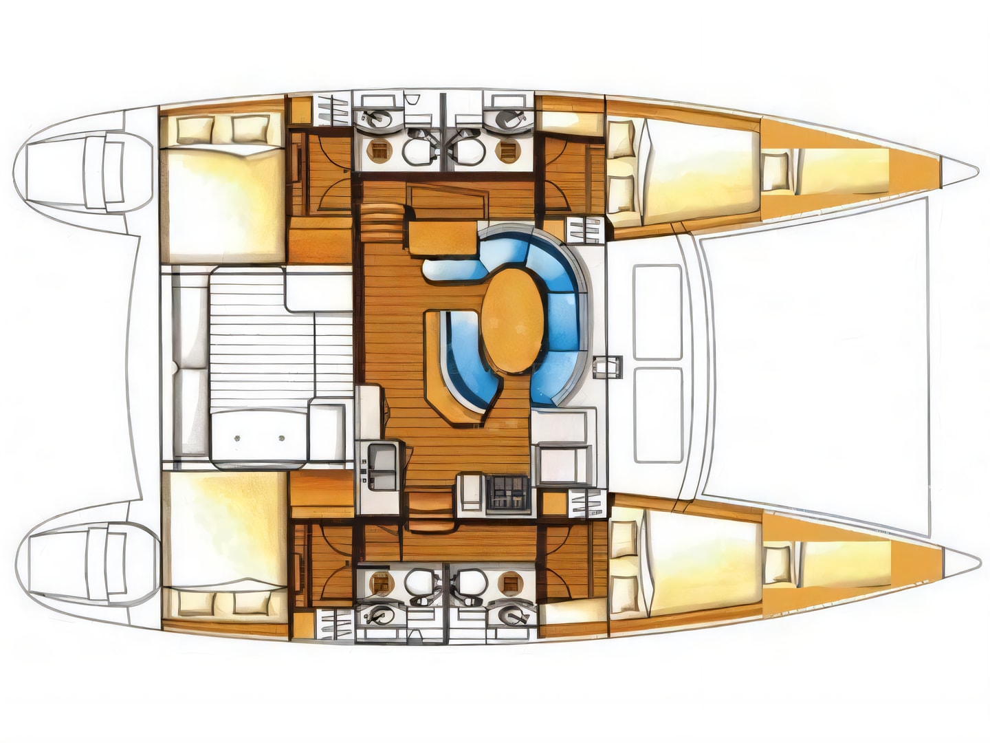 Layout of Lagoon 400 S2 catamaran with 6 cabins Croatia yacht charter