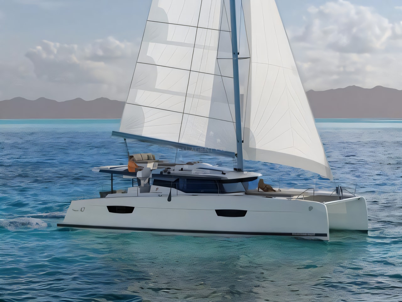 Exterior overview of Saona 47 catamaran for charter from Seget Donji Marina Baotic in the Split sailing area Croatia