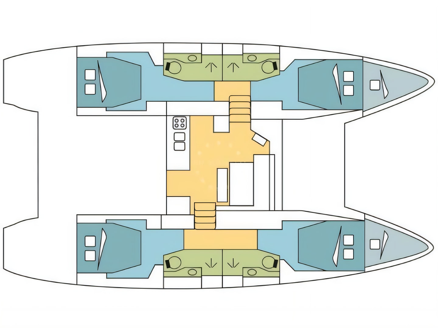 Layout of Lagoon 46 catamaran with 6 cabins Croatia yacht charter