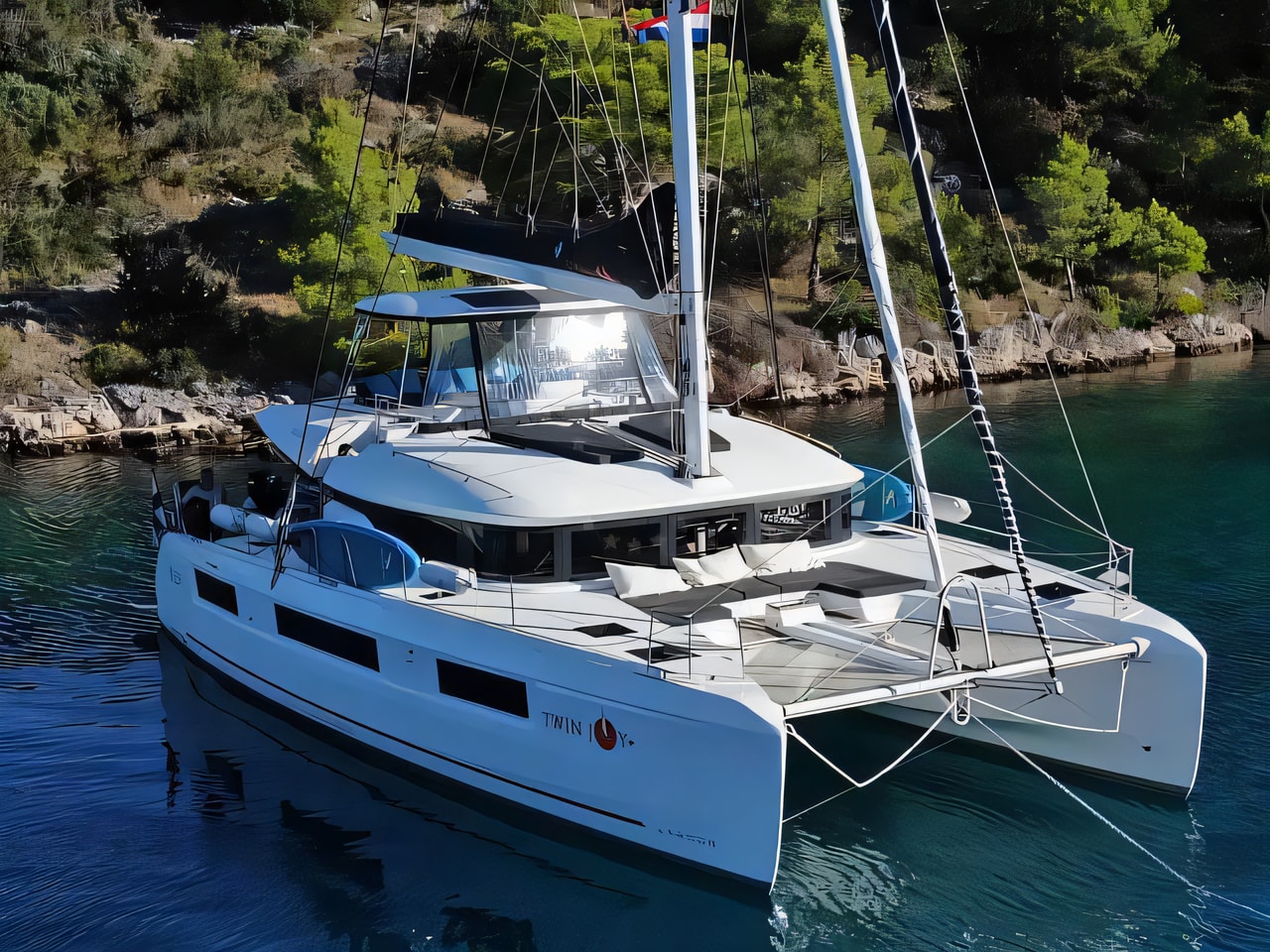 Exterior overview of Lagoon 51 NEW catamaran for charter from Rogoznica Marina Frapa in the Sibenik sailing area Croatia