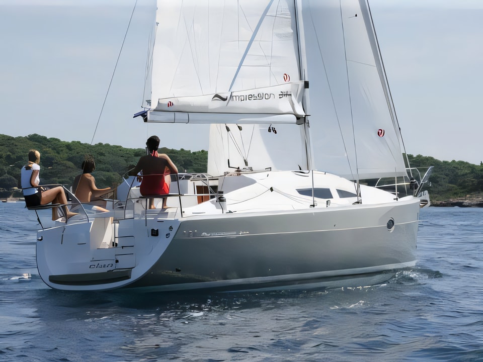 Exterior overview of Elan 344 Impression sail boat for charter from Murter Marina Betina in the Sibenik sailing area Croatia