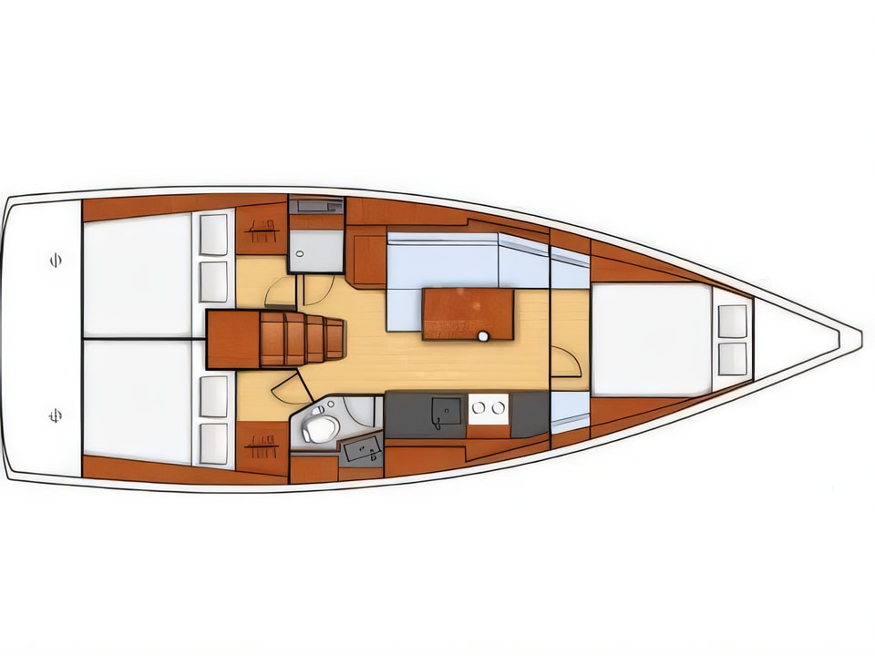 Layout of Oceanis 38 sail boat with 3 cabins Croatia yacht charter