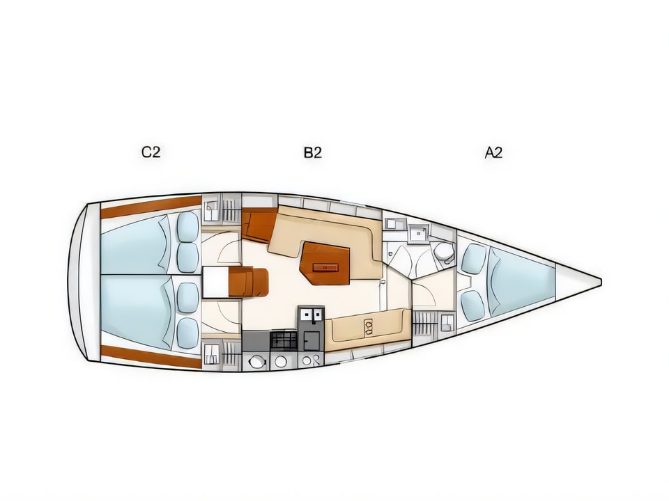 Layout of HANSE 350 sail boat with 3 cabins Croatia yacht charter