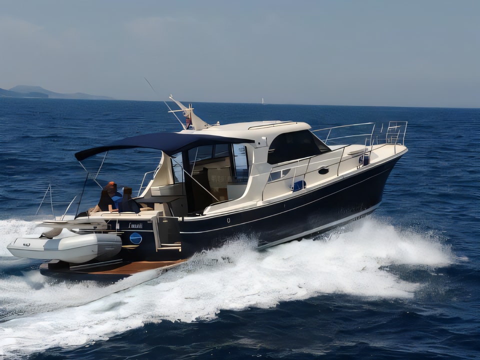 Exterior overview of ADRIANA 36 BT motor boat for charter from Sukosan Marina Dalmacija in the Zadar sailing area Croatia