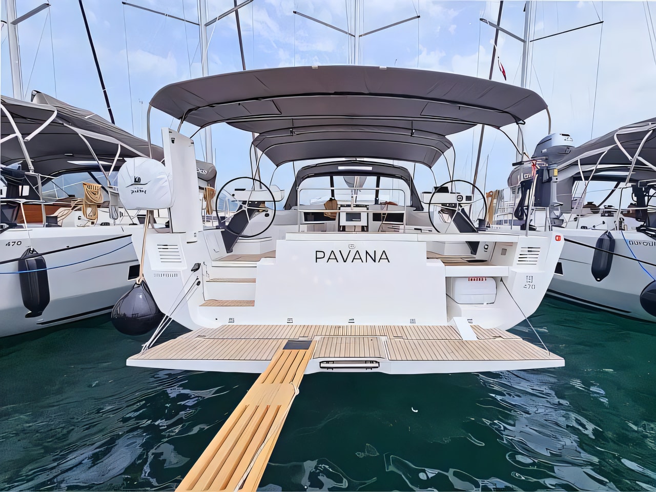 Exterior overview of Dufour 470 Grand Large sail boat for charter from Rogoznica Marina Frapa in the Sibenik sailing area Croatia
