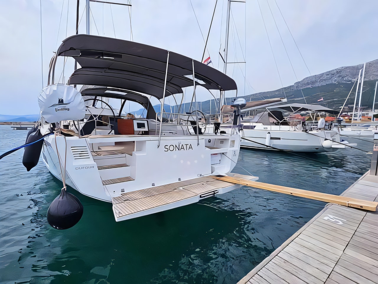 Exterior overview of Dufour 470 Grand Large sail boat for charter from Rogoznica Marina Frapa in the Split sailing area Croatia