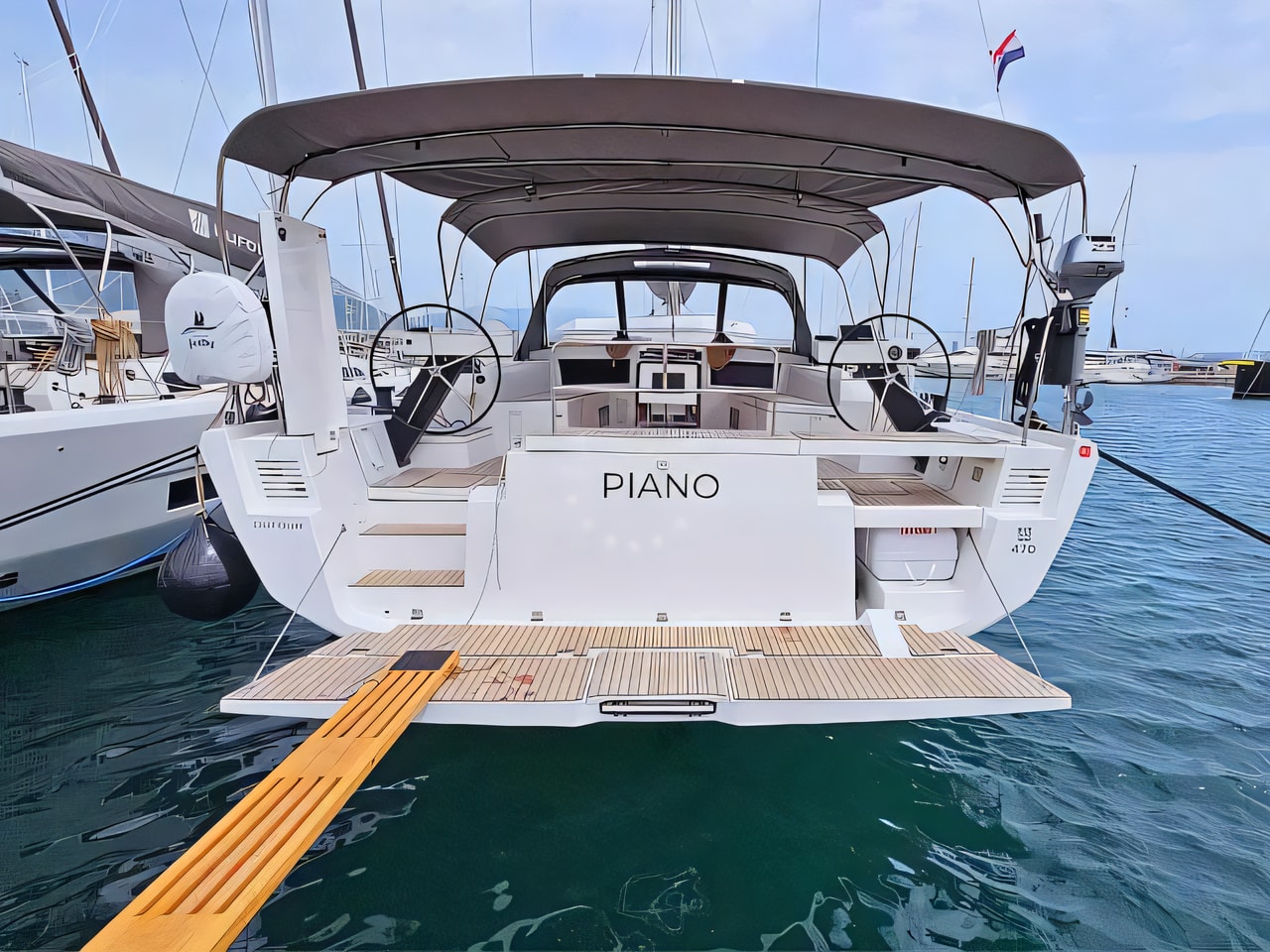 Exterior overview of Dufour 470 Grand Large sail boat for charter from Rogoznica Marina Frapa in the Sibenik sailing area Croatia