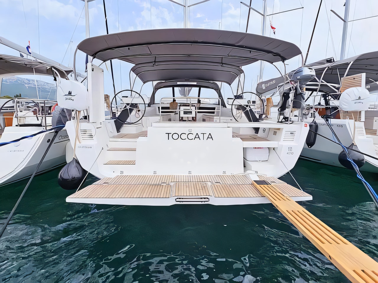Exterior overview of Dufour 470 Grand Large sail boat for charter from Rogoznica Marina Frapa in the Sibenik sailing area Croatia
