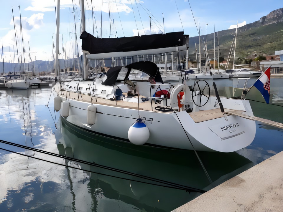 Exterior overview of First 47.7 sail boat for charter from Primosten Marina Kremik in the Sibenik sailing area Croatia