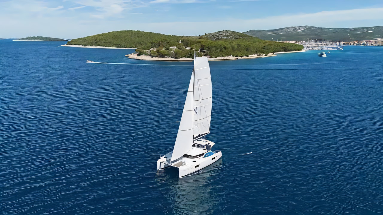 Exterior overview of Lagoon 42 catamaran for charter from Rogoznica Marina Frapa in the Kornati sailing area Croatia