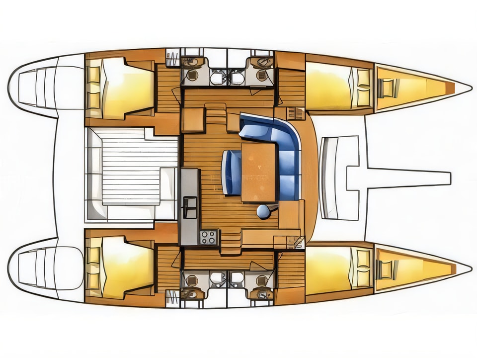 Layout of Lagoon 400 catamaran with 4 cabins Croatia yacht charter