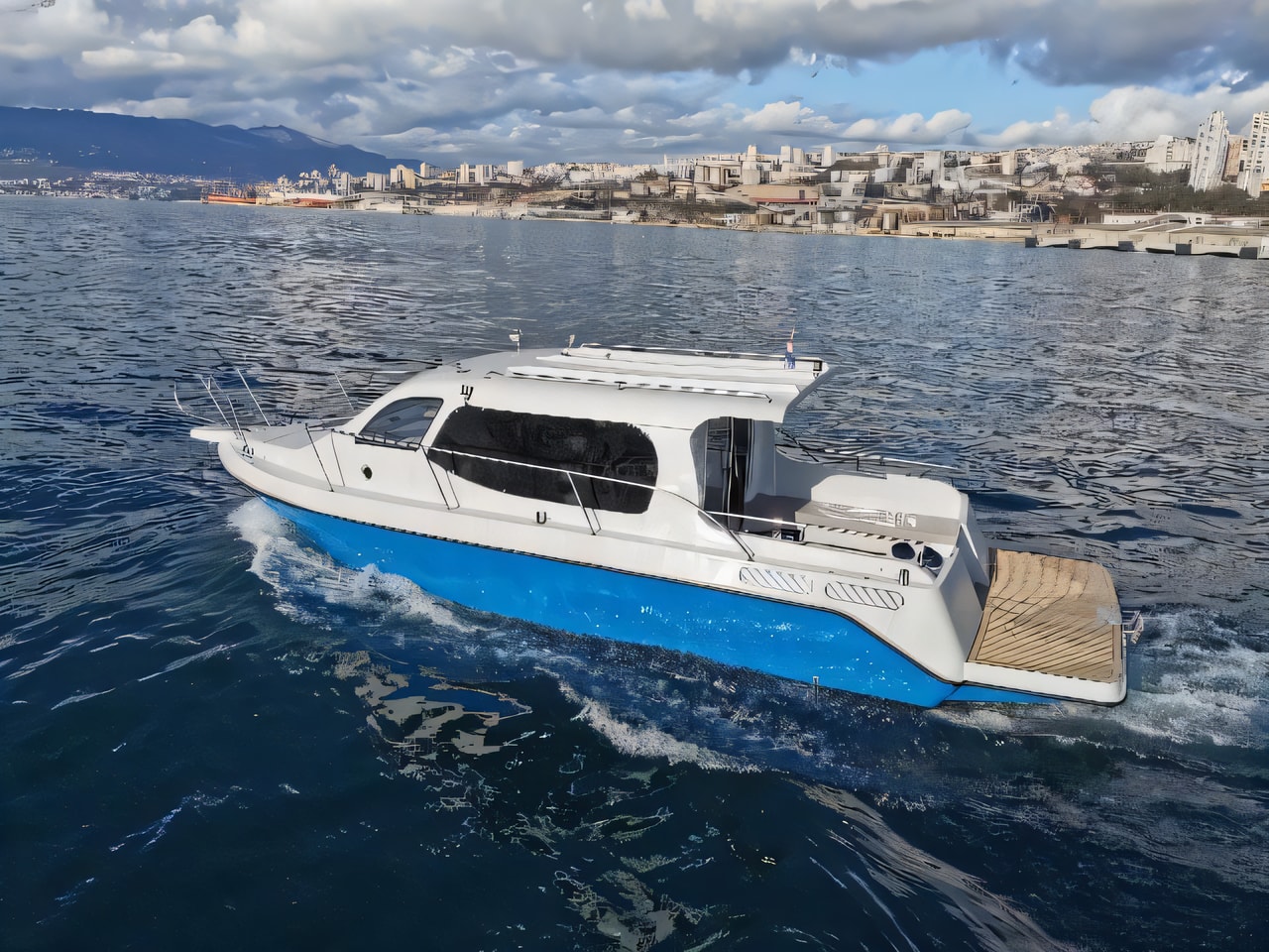 Exterior overview of AC DC Daycruiser 12.0 motor boat for charter from Marina Novigrad in the Istria / Kvarner sailing area Croatia