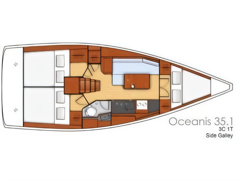 Layout of Oceanis 35 sail boat with 3 cabins Croatia yacht charter