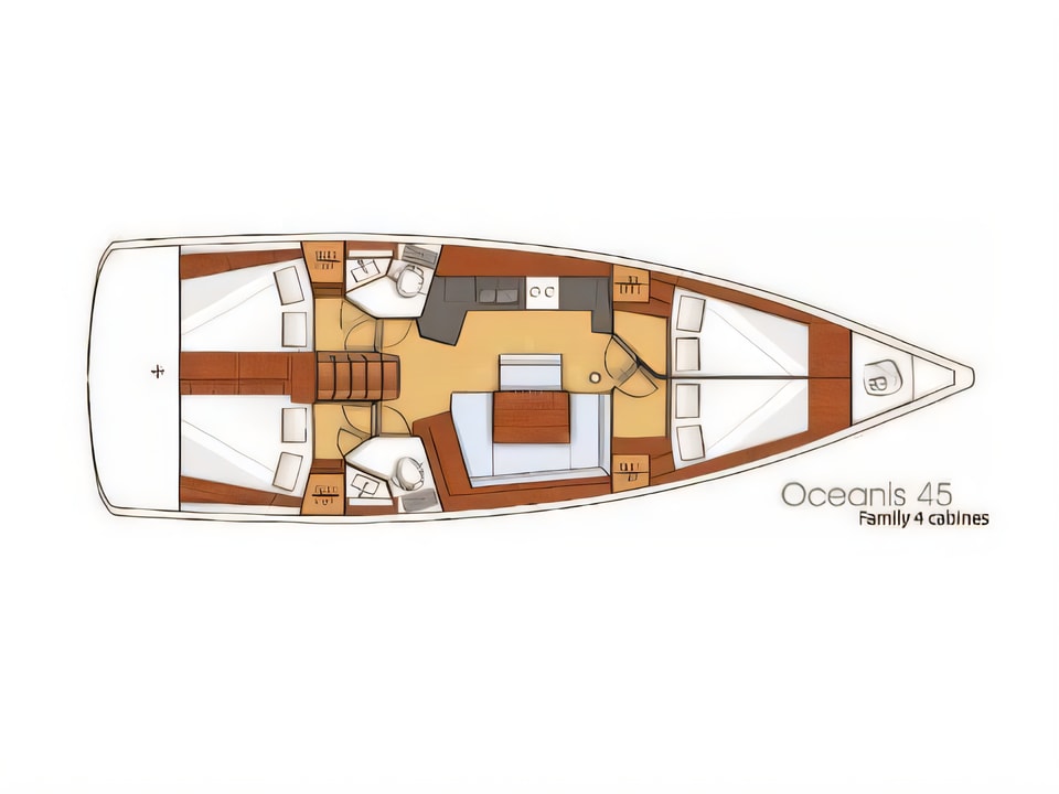 Layout of Oceanis 45 sail boat with 4 cabins Croatia yacht charter
