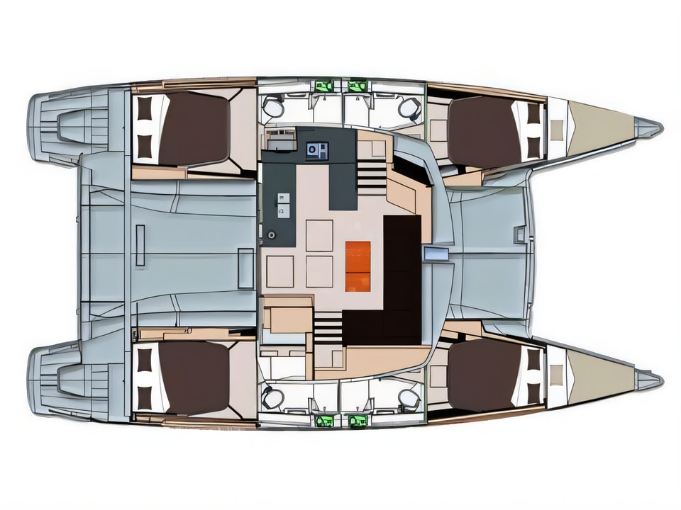 Layout of Lagoon 450 catamaran with 4 cabins Croatia yacht charter