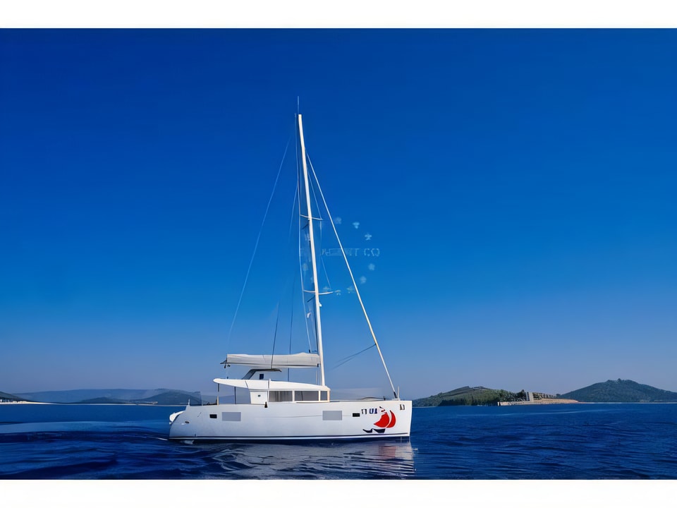 Exterior overview of Lagoon 400 catamaran for charter from Murter Marina Hramina in the Sibenik sailing area Croatia