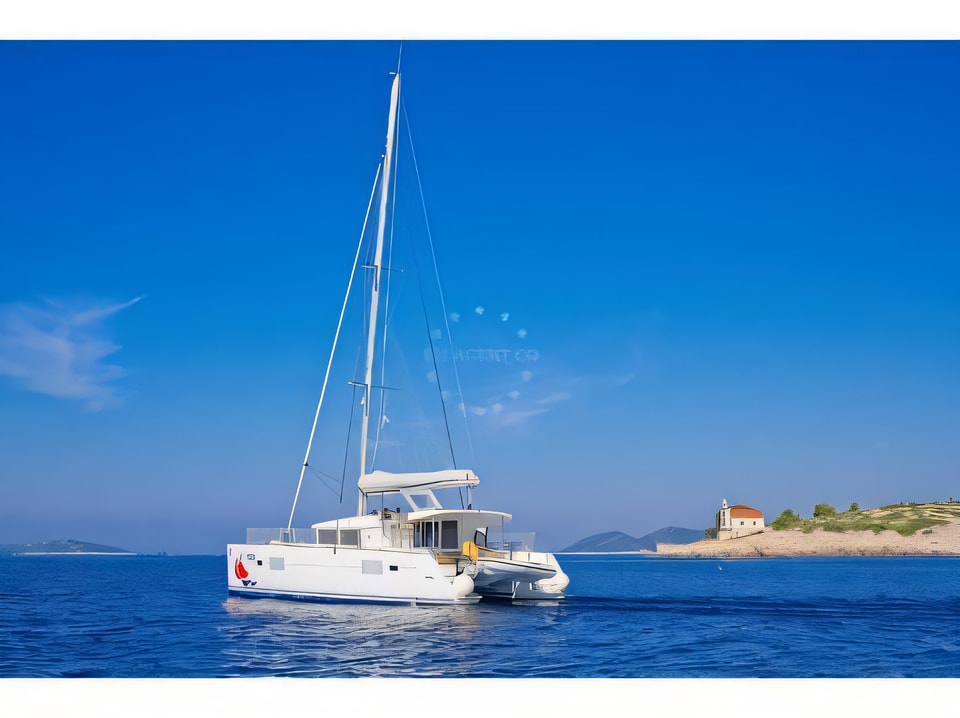 Exterior overview of Lagoon 400 catamaran for charter from Murter Marina Hramina in the Sibenik sailing area Croatia